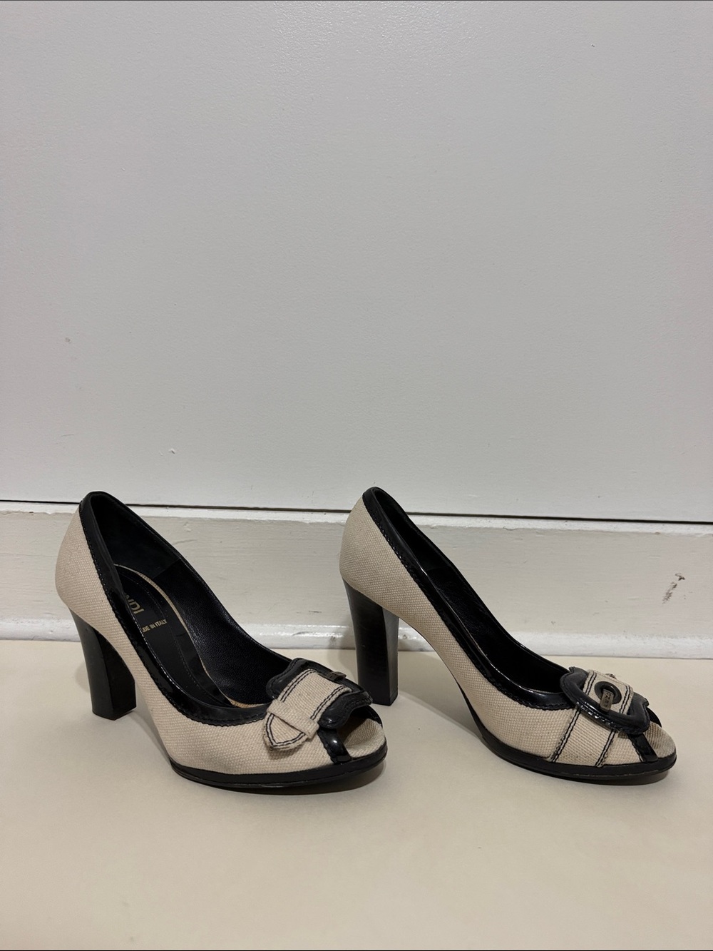 Fendi Cream and Black Peep-Toe Block Heel Pumps with Buckle